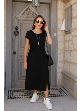 Kadın Kısa Kollu Yuvarlak Yaka Belden Bağcıklı önden Yırtmaçlı Aerobin Elbise