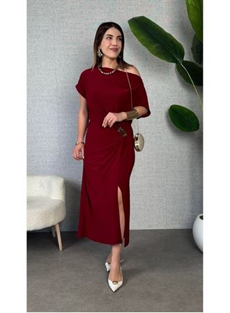 Kadın Kısa Kollu Tek Omuzdan Açık Beli Lastikli Sandy Maxi Elbise