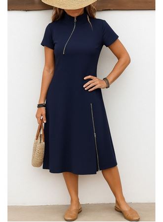 Kadın Kısa Kollu Yakadan Ve Etekten Fermuarlı Midi Viskon Iki Iplik Elbise