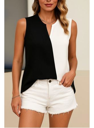 Kadın Kolsuz V Yakalı Blok Renkli Ithal Krep Bluz