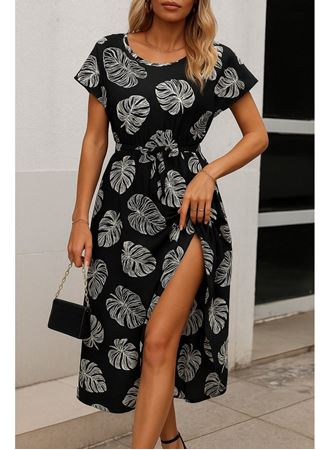 Kadın Kısa Kollu Bisiklet Yaka Desenli Kuşaklı örme Krep Midi Elbise