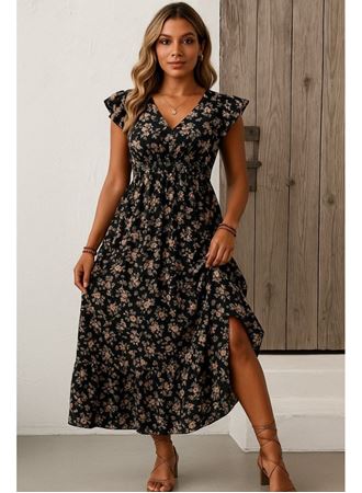 Kadın Kısa Kollu Kruvaze Yaka Beli Lastikli çiçek Desenli Elbise