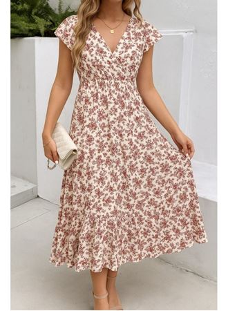 Kadın Kısa Kollu Kruvaze Yaka Beli Lastikli çiçek Desenli Elbise