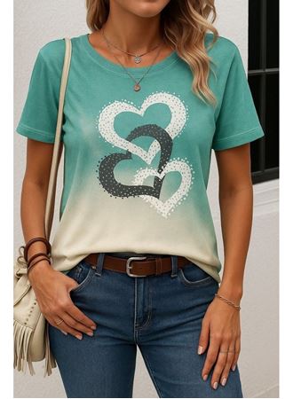 Kadın Kısa Kollu Bisiklet Yaka Kalp Baskılı Süprem Bluz
