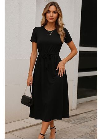 Kadın Kısa Kollu Bisiklet Yaka Belden Bağlamalı önü Bağcık Detaylı Maksi Boy Viskon Elbise
