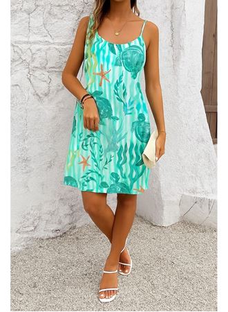 Kadın Askılı Yuvarlak Yaka Kaplumbağa Desenli Süprem Elbise