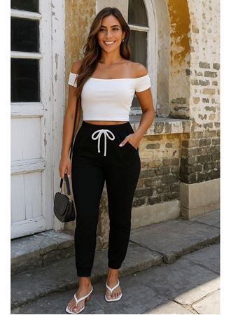 Kadın Kısa Kollu Madonna Yaka Viskon Crop Bluz Cepli Iki Iplik Eşofman Takım