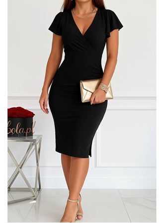 Kadın Kısa Kollu Derin Dekolte V Yakalı Yırtmaçlı Midi Janjan Krep Elbise