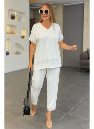 Kadın Kısa Kollu V Yakalı Pul Payetli Viskon Iki Iplik Bluz Ve Pantolon Ikili Takım