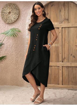 Kadın Kısa Kollu Bisiklet Yaka Düğme Detay Müslim Elbise