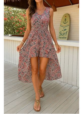 Kadın Kolsuz V Yakalı Desenli Süprem Tulum Elbise