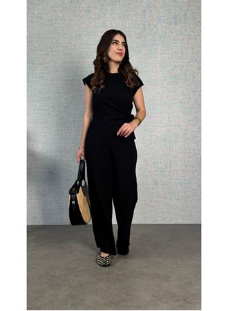 Kadın Kısa Kollu Bisiklet Yaka Yandan Bağlamalı Bürümcük Bluz Ve Pantolon Ikili Takım