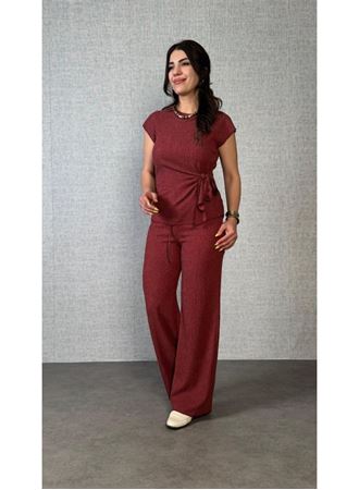 Kadın Kısa Kollu Bisiklet Yaka Yandan Bağlamalı Bürümcük Bluz Ve Pantolon Ikili Takım