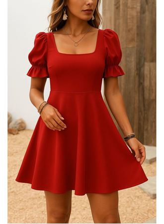 Kadın Kısa Kollu Kare Yakalı Kiloş Ithal Krep Elbise