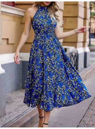 Kadın Omuzlardan Açık Daire Yaka Desenli Maxi Süprem Elbise