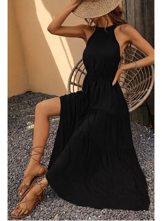 Kadın Kolsuz Halter Yaka Beli Lastiklidesenli Mikro Elbise