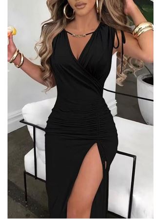 Kadın Sıfır Kollu V Yakalı Yırtmaç Detaylı Beli Büzgülü Omuzdan Bağcıklı Sandy Maxi Elbise