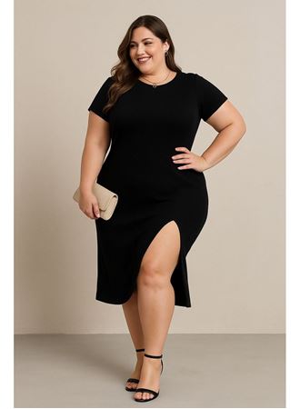 Kadın Büyük Beden Kısa Kollu Yanı Yırtmaçlı Bisiklet Yaka Viskon Elbise