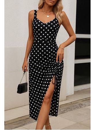 Kadın Askılı Yuvarlak Yaka Kalp Yaka Yandan Büzgülü Yırtmaç Detaylı Puantiyeli örme Krep Elbise