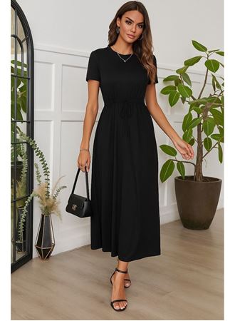 Kadın Kısa Kollu Bisiklet Yaka Belden Bağlamalı önü Bağcık Detaylı Maksi Boy Viskon Elbise