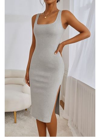 Kadın Askılı Kare Yaka Yandan Yırtmaçlı Midi Kaşkorse Elbise