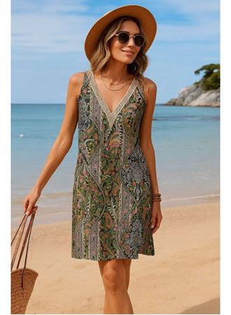 Kadın Kısa Kollu Dantel V Yakalı Desenli Süprem Elbise