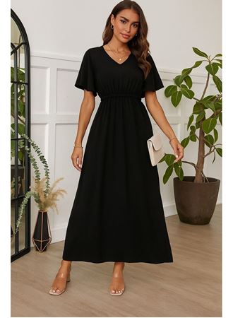 Kadın Kısa Kollu V Yakalı Beli Lastikli Uzun Viskon Elbise