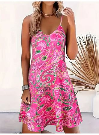 Kadın Ip Askılı V Yakalı Desenli Kısa Süprem Mini Elbise