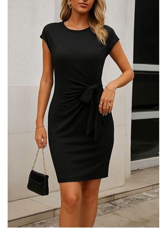 Kadın Kısa Kap Kollu Bisiklet Yaka Belden Bağlamalı Modal Mini Elbise