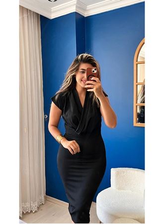 Kadın Kısa Kollu Kruvaze Yaka Krep Elbise (Kemersiz)