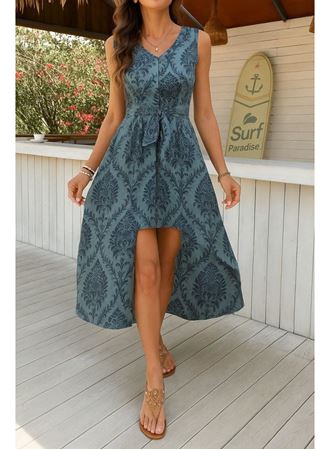 Kadın Kolsuz V Yakalı Desenli Süprem Tulum Elbise