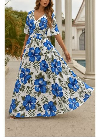 Kadın Kısa Kollu V Yakalı Desenli Süprem Elbise