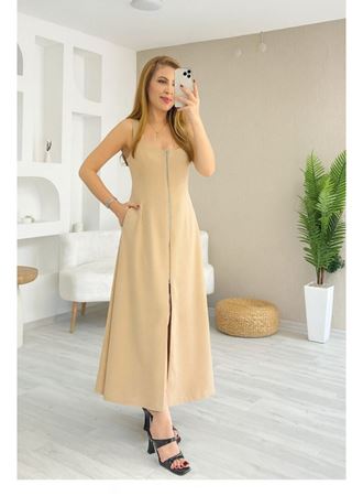 Kadın Askılı Kare Yaka önden Fermuarlı Geniş Kesim Janjan Krep Elbise