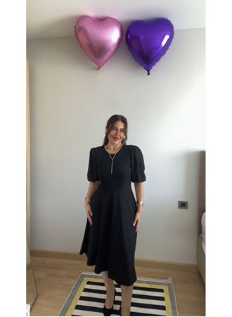 Kadın Kısa Balon Kollu Bisiklet Yaka Kiloş Janjan Krep Elbise