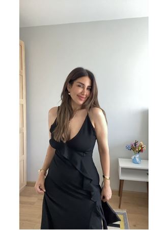 Kadın Ip Askılı Dekolteli Yırtmaç Detay Krep Elbise