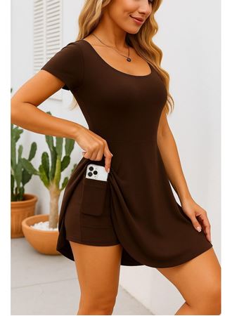 Kadın Kısa Kollu Kare Yaka Short Detaylı Cepli Dalgıç Elbise