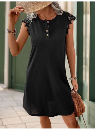Kadın Kısa Dantel Kollu önden Düğmeli Viskon Elbise