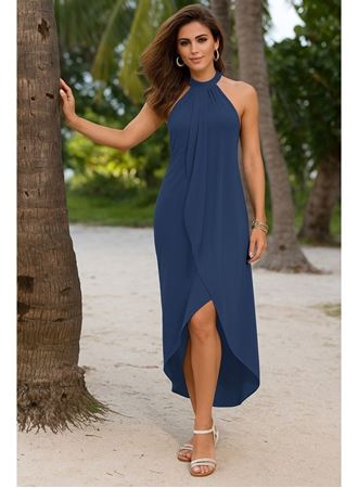 Kadın Omuzlardan Açık Boyundan Geçmeli Asimetrik Kesim Detaylı Viskon Elbise