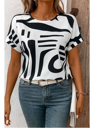 Kadın Kısa Kollu Yuvarlak Yaka Desenli Süprem Bluz