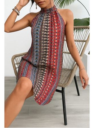 Kadın Kolsuz Boyundan Askılı Desenli Midi Süprem Elbise