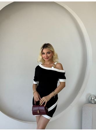 Kadın Kısa Kollu Asimetrik Kesim Yaka şerit Ve Aksesuar Detaylı Modal Elbise