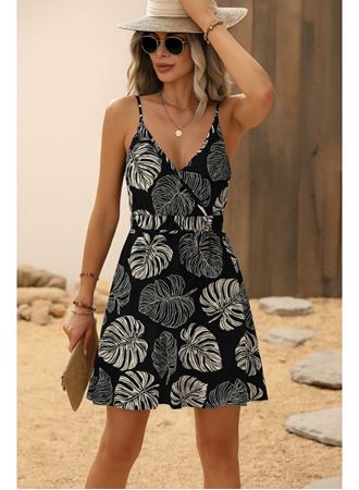 Kadın Ip Askılı Kruvaze Yakalı Beli Lastikli Kısa Desenli Süprem Elbise