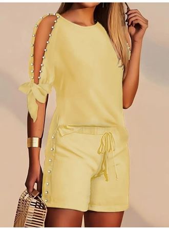 Kadın Kısa Kollu Bisiklet Yaka Yarı Açık Omuz Inci Detaylı Short T-shirt Viskon Ikili Takım