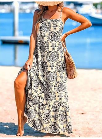 Kadın Ip Askılı Desenli Fırfırlı Süprem Elbise