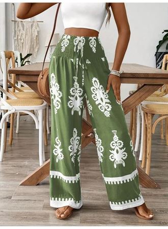 Kadın Yüksek Bel Büzgülü Etnik Desen Baskılı Süprem Pantolon