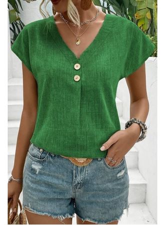 Kadın Kısa Kollu V Yakalı Düğmeli Keten Bluz
