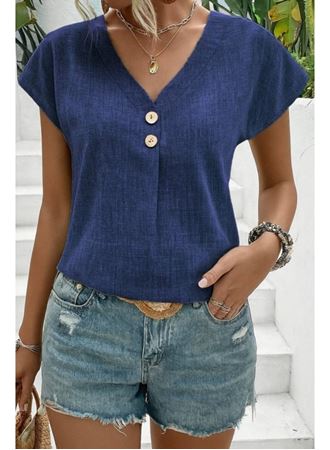 Kadın Kısa Kollu V Yakalı Düğmeli Keten Bluz