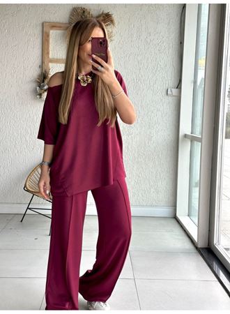 Kadın Tek Omuzdan Açık Geniş Kesim Viskon Iki Iplik Bluz Ve Pantolon Ikili Takım