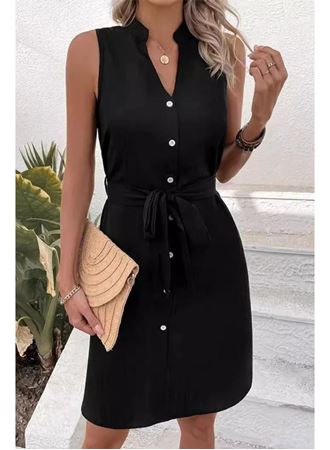 Kadın Sıfır Kollu Hakim Yaka önden Düğmeli Belden Kuşaklı Ithal Keten Elbise