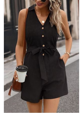 Kadın Sıfır Kollu Yakalı Düğmeli Belden Kuşaklı Kısa Keten Tulum